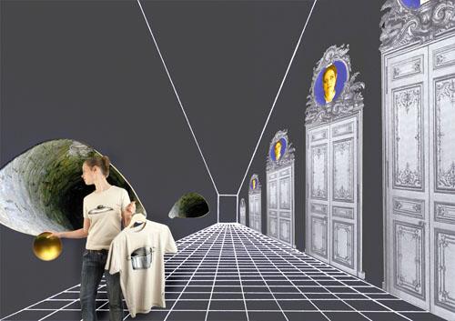 in the fairy tale The Frog King according to the interpretation of C.G. Jung (space installation) |  - digital collage: virtual brainspace and textile colour on shirts / photodocu for digital collage: Petra Mühlmann | © 