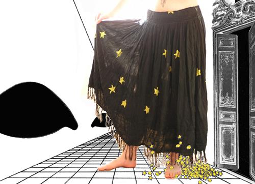 als Sterntalermädchen (Rauminstallation) - | Digitale Collage Gedankenraum und Textilfarbe auf Kleid  / Photodoku für digitale Bildcollage: K. H. v. S. | © 